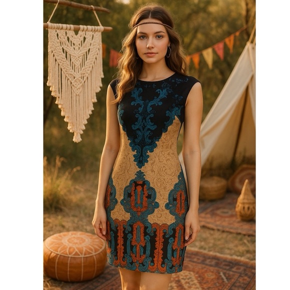 Tracy Reese Multicolor Bohemian Beaded Southwestern Boho Sheath Dress Size Small - Picture 1 of 14